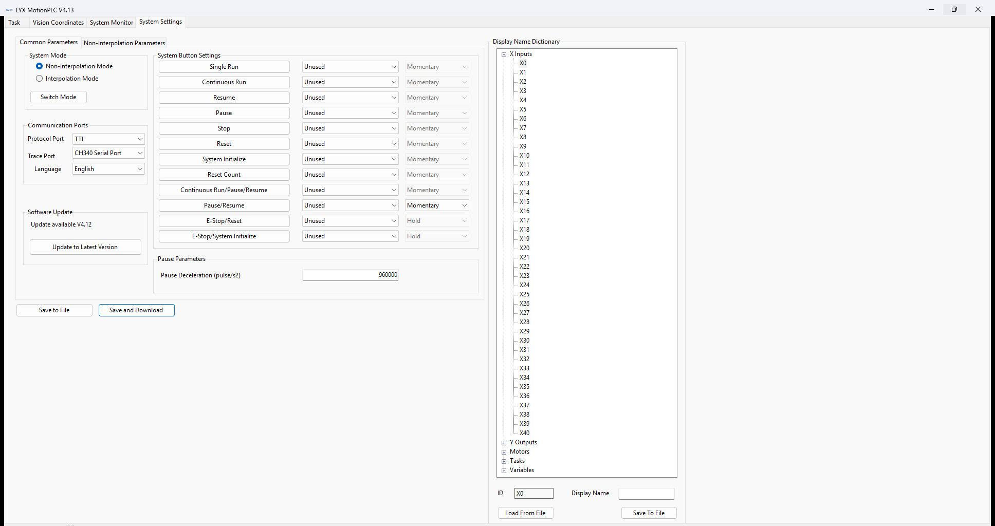 LYX MotionPLC System Settings Tab